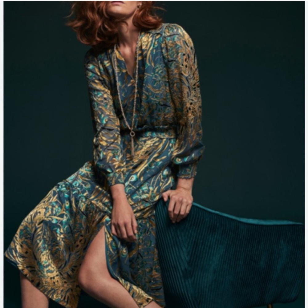 White House Black Market Teal and Gold Dress